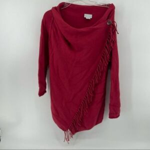 Soft Surroundings Fringe Poncho‎ Sweater Red Button Detail Asymmetrical Small